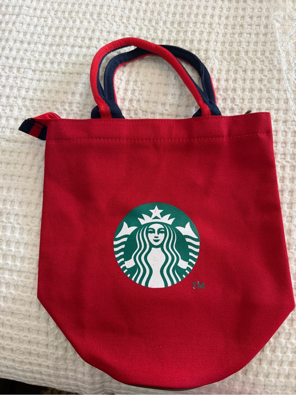 Starbucks Red Canvas Tote with Green Logo and Navy Trim